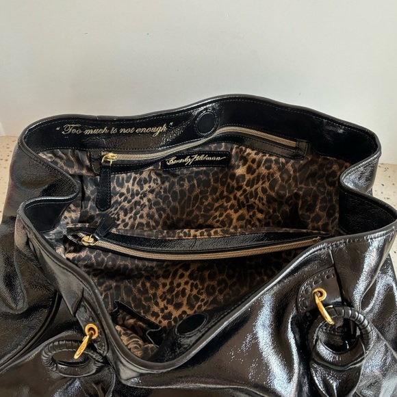 Beverly Feldman Black Patent Leather Large Handbag with Animal Print Interior‎ - Picture 12 of 15